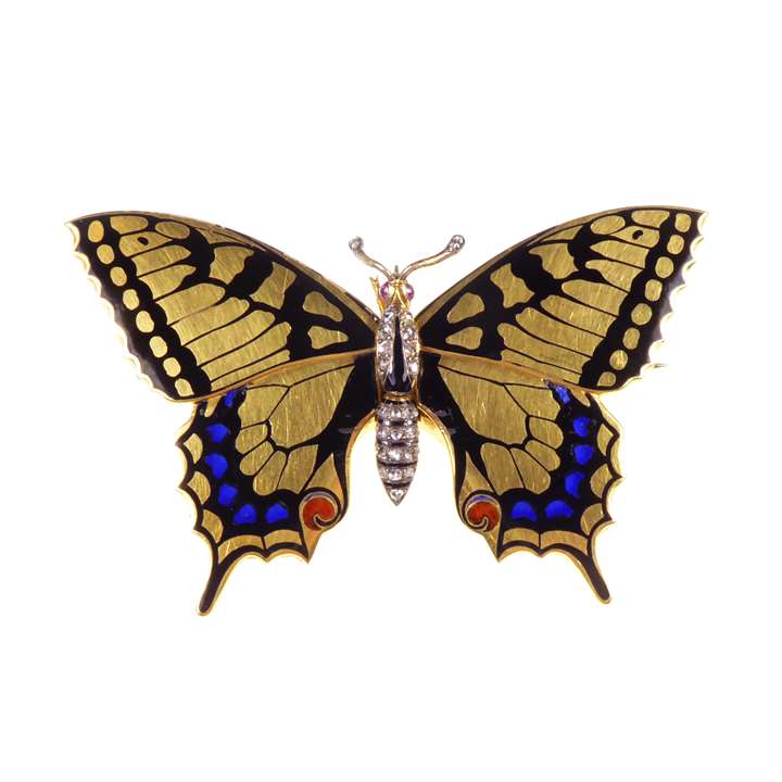 Gold, enamel and diamond butterfly locket-brooch